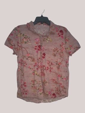 Floral Pink Short-Sleeve Button Front Top
